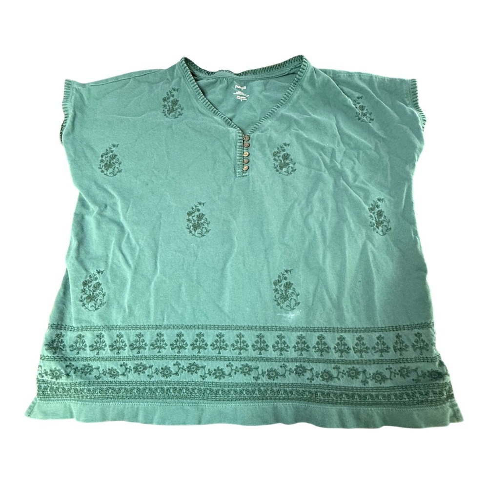 Pure Jill Teal Embroidered Cotton V Neck Henley Button‎ Up Tunic Top Size S